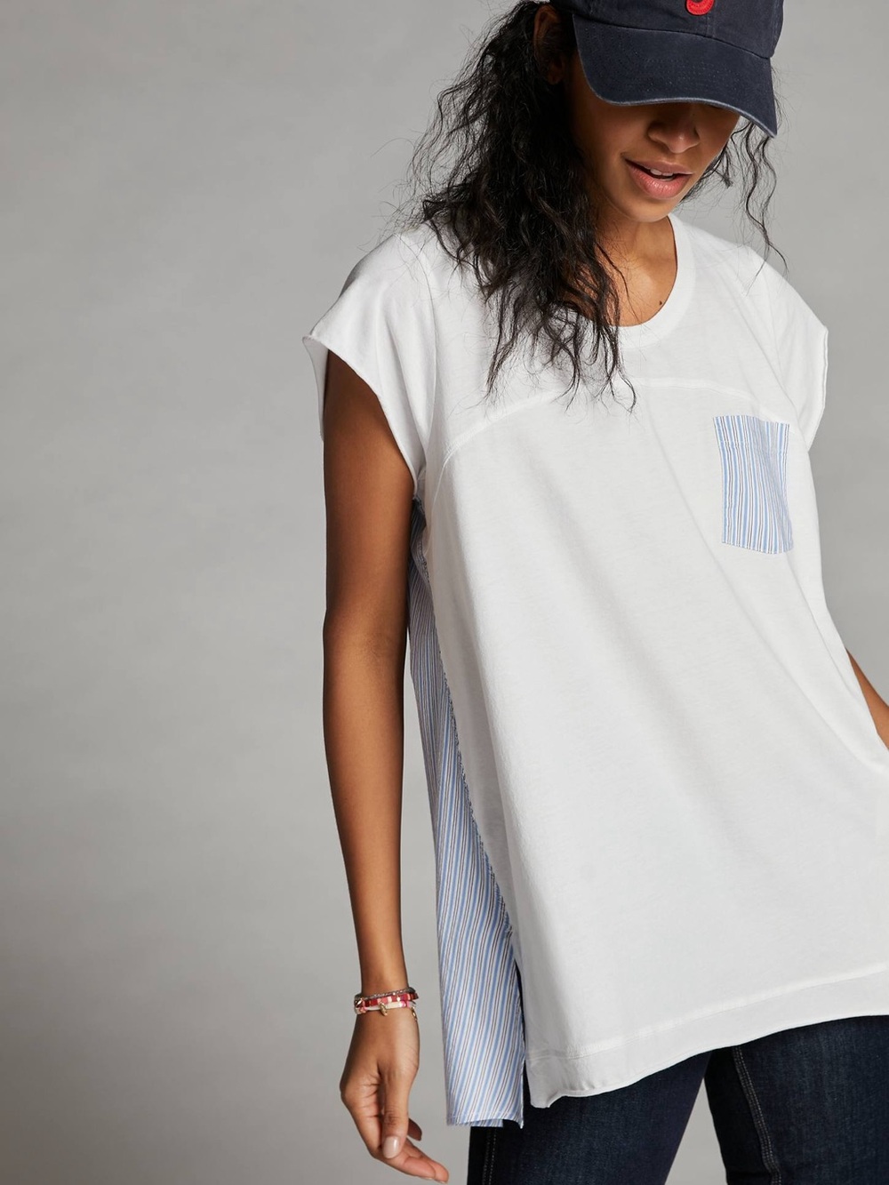 Anthropologie Maeve Darcy Tunic Tee Striped Back White Blue Size XL